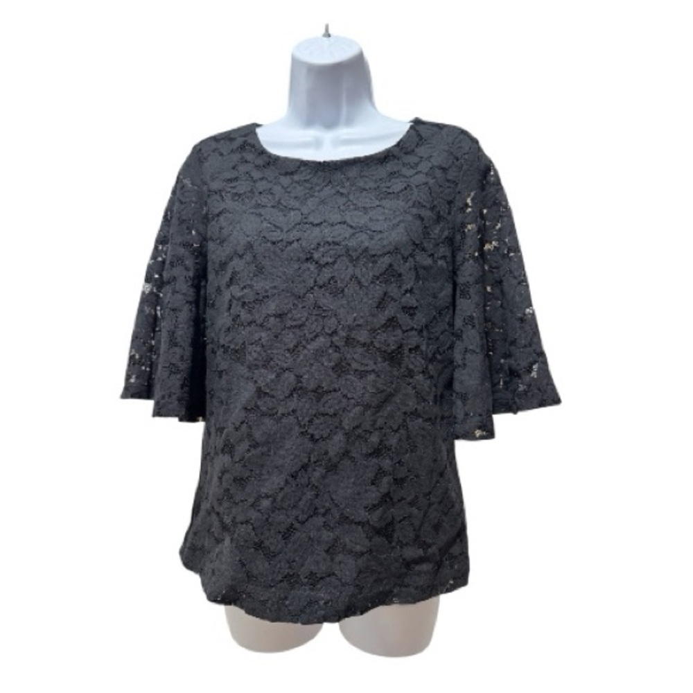 Banana Republic Black Lace Top Small Bell Sleeve Keyhole Back Lined Blouse